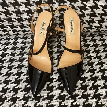 2019 yeni moda seksi kadın bayan siyah Patent Deri Sivri Ayak Stiletto Topuk ayakkabı pompaları sandalet 12 cm 10 cm 8 cm
