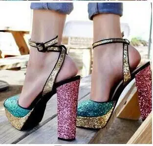 Carpaton Bling Bling Glitter Süslenmiş Yüksek topuklu sandalet 2019 Seksi Peep Toe Kadın Kalın Topuklu ayakkabı Ayak Bileği kemerli elbise Ayakkabı