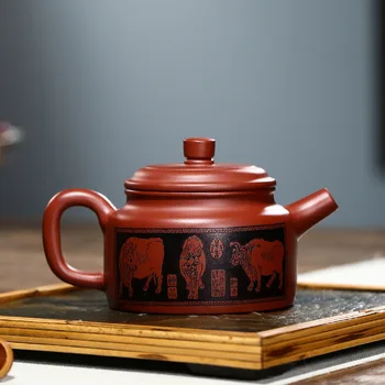 Dahongpao Oyma Ve Boyalı Beş Niu De Çan Pot Zisha Demlik Yixing El Yapımı Pot Kung-fu Teaware Mor Kil Drinkware