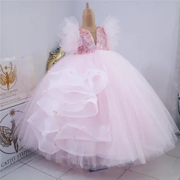 Gerçek Resim Yüksek Kalite Küçük Prenses Elbiseler Çiçek Kız Elbise Pembe Puf Tül Balo Kızlar Pageant Parti Elbise