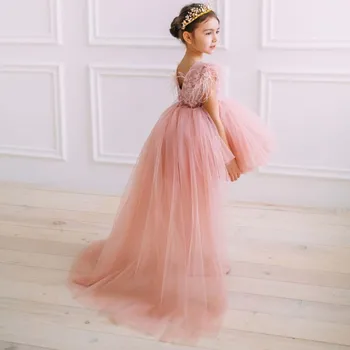 Lüks Balo Çiçek Kız Elbise Düğün Için Kolsuz Tüyler Kısa Ön Uzun Arka Doğum Günü Partisi Elbisesi Çocuklar Balo Elbise