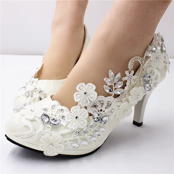 Lüks el yapımı kristal dantel düğün gelin ayakkabıları artı boyutu 41 42 8 CM TOPUK dantel gelin parti beyaz ayakkabı