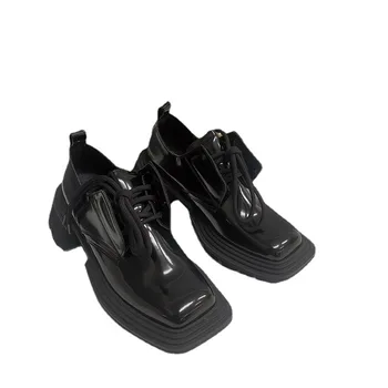Sonbahar Kadın Ayakkabı Kız Platformu Topuklu Kadın Marka Ayakkabı Bayanlar Kare Ayak Ayakkabı kadın ayakkabısı Patent Deri Ayakkabı Yumuşak Oxford