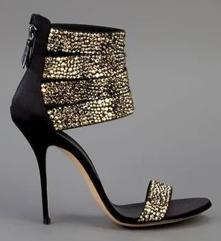 Sıcak Satış Altın Gümüş Kristal Anke Kayış Kadın Sandalet Yüksek Topuk Cut-out Cut-out Kadınlar Parti Elbise ayakkabı kadın Boyutu 34-41 Ücretsiz