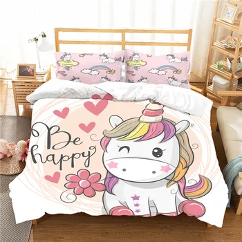 Yatak odası Yatak Unicorn Desen Nevresim Set Yumuşak Malzeme Yastık Kılıfı ile Ev Tekstili Yatak Çarşafları Kral Çift Boyutu