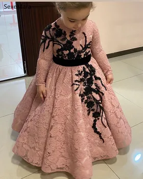 Yeni Dantel Aplike Çocuk Giyim Prenses Doğum Günü partisi elbisesi Uzun Kollu Çocuk Düğün Parti Elbisesi 1-14Y