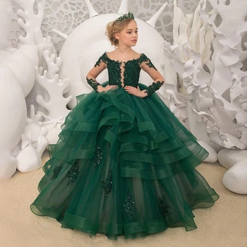 Şık Yeşil Prenses Çiçek Kız Elbise Balo Aplike Bebek Çocuk Düğün parti Giysileri Ilk Comunion Vestido De Comunion